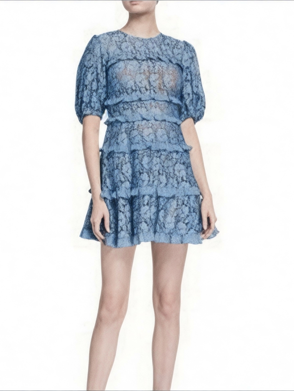 EUC Michael Kors Blue Lace Puff Sleeve Tiered Mini Dress - Women's Size 4